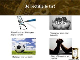 Lister les choses à faire pour
le jour suivant
Trouver du temps pour
la famille
Du temps pour les loisirs Gérer efficacement les
conflits copyright 2014 metcom
Je rectifie le tir!
 
