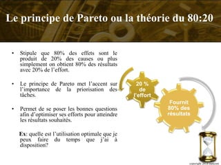 Fournit
80% des
résultats
20 %
de
l’effort
• Stipule que 80% des effets sont le
produit de 20% des causes ou plus
simplement on obtient 80% des résultats
avec 20% de l’effort.
• Le principe de Pareto met l’accent sur
l’importance de la priorisation des
tâches.
• Permet de se poser les bonnes questions
afin d’optimiser ses efforts pour atteindre
les résultats souhaités.
Ex: quelle est l’utilisation optimale que je
peux faire du temps que j’ai à
disposition?
copyright 2014 metcom
Le principe de Pareto ou la théorie du 80:20
 
