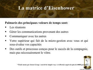 Palmarès des principaux voleurs de temps sont:
 Les réunions
 Gérer les communications provenant des autres
 Communiquer avec les autres
 Votre supérieur qui fait de la micro-gestion avec vous et qui
sous-évalue vos capacités
 Des outils et processus conçus pour le succès de la compagnie,
mais pas nécessairement le vôtre.
* Étude menée par Jensen Group « search for simpler way » et effectuée auprès de plus de 40000 personnes
copyright 2014 metcom
La matrice d’Eisenhower
 