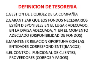 DEFINICION DE TESORERIA
1.GESTION DE LIQUIDEZ DE LA COMPAÑÍA
2.GARANTIZAR QUE LOS FONDOS NECESRARIOS
ESTÉN DISPONIBLES EN EL LUGAR ADECUADO,
EN LA DIVISA ADECUADA, Y EN EL MOMENTO
ADECUADO (DISPONIBILIDAD DE FONDOS)
3.MANTENER RELACION OPORTUNA CON LAS
ENTIDADES CORRESPONDIENTE(BANCOS)
4.EL CONTROL FUNCIONAL DE CLIENTES,
PROVEEDORES (COBROS Y PAGOS)
 