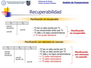 Sistemas de Datos
                                                  Curso: Ernesto Chinkes    Gestión de Transacciones




                                     Recuperabilidad
                                      Planificación no recuperable
         T1                T2
   Leer(A)
   Escribir(A)                              - T2 lee un dato escrito por T1
                        Leer(A)
                                            - T2 se compromete antes que T1          Planificación
   Leer(B)
                                            - T1 falla y no logra comprometerse     no recuperable
                                            -> T2 no puede abortarse


                                Planificación con retroceso en cascada

    T1               T2              T3
                                                  - T2 lee un dato escrito por T1
Leer(A)                                           - T3 lee un dato escrito por T2       Planificación
Leer(B)
                                                  - T1 falla y no logra comprometerse   con retroceso
Escribir(A)
                 Leer(A)
                                                  --> T1 debe retrocederse               en cascada
                 Escribir (A)                     --> T2 debe retrocederse
                                  Leer(A)         --> T3 debe retrocederse
 