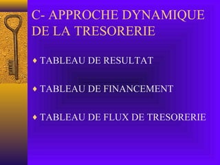 C- APPROCHE DYNAMIQUE
DE LA TRESORERIE
♦ TABLEAU DE RESULTAT
♦ TABLEAU DE FINANCEMENT
♦ TABLEAU DE FLUX DE TRESORERIE
 