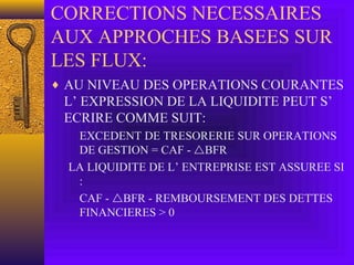 CORRECTIONS NECESSAIRES
AUX APPROCHES BASEES SUR
LES FLUX:
♦ AU NIVEAU DES OPERATIONS COURANTES
L’ EXPRESSION DE LA LIQUIDITE PEUT S’
ECRIRE COMME SUIT:
EXCEDENT DE TRESORERIE SUR OPERATIONS
DE GESTION = CAF - BFR
LA LIQUIDITE DE L’ ENTREPRISE EST ASSUREE SI
:
CAF - BFR - REMBOURSEMENT DES DETTES
FINANCIERES > 0
 