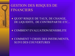 GESTION DES RISQUES DE
FINANCIERS
♦ QUOI? RISQUE DE TAUX, DE CHANGE,
DE LIQUIDITE, DE CONTREPARTIE ETC...
♦ COMBIEN? EVALUATION/SENSIBILITE
♦ COMMENT ? CHOIX DES INSTRUMENTS,
SUIVI DES COUVERTURES
 