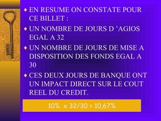♦ EN RESUME ON CONSTATE POUR
CE BILLET :
♦ UN NOMBRE DE JOURS D ’AGIOS
EGAL A 32
♦ UN NOMBRE DE JOURS DE MISE A
DISPOSITION DES FONDS EGAL A
30
♦ CES DEUX JOURS DE BANQUE ONT
UN IMPACT DIRECT SUR LE COUT
REEL DU CREDIT.
10% x 32/30 = 10,67%
 