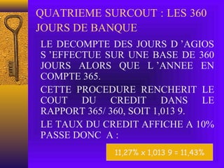 QUATRIEME SURCOUT : LES 360
JOURS DE BANQUE
LE DECOMPTE DES JOURS D ’AGIOS
S ’EFFECTUE SUR UNE BASE DE 360
JOURS ALORS QUE L ’ANNEE EN
COMPTE 365.
CETTE PROCEDURE RENCHERIT LE
COUT DU CREDIT DANS LE
RAPPORT 365/ 360, SOIT 1,013 9.
LE TAUX DU CREDIT AFFICHE A 10%
PASSE DONC A :
11,27% x 1,013 9 = 11,43%
 