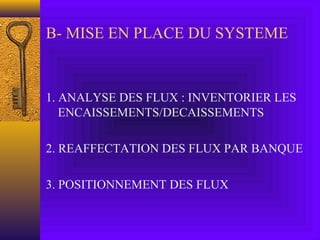 B- MISE EN PLACE DU SYSTEME
1. ANALYSE DES FLUX : INVENTORIER LES
ENCAISSEMENTS/DECAISSEMENTS
2. REAFFECTATION DES FLUX PAR BANQUE
3. POSITIONNEMENT DES FLUX
 
