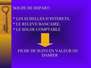 SOLDE DE DEPART :
* LES ECHELLES D’INTERETS,
* LE RELEVE BANCAIRE,
* LE SOLDE COMPTABLE
FICHE DE SUIVI EN VALEUR OU
DAMIER
 