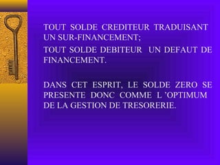TOUT SOLDE CREDITEUR TRADUISANT
UN SUR-FINANCEMENT;
TOUT SOLDE DEBITEUR UN DEFAUT DE
FINANCEMENT.
DANS CET ESPRIT, LE SOLDE ZERO SE
PRESENTE DONC COMME L ’OPTIMUM
DE LA GESTION DE TRESORERIE.
 