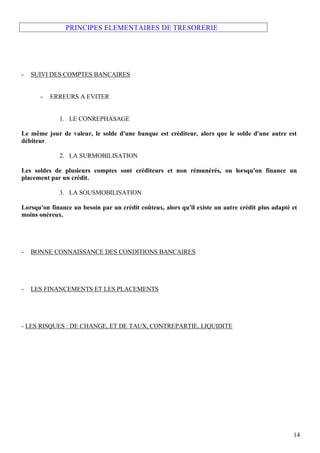 PRINCIPES ELEMENTAIRES DE TRESORERIE




-   SUIVI DES COMPTES BANCAIRES


      -   ERREURS A EVITER


             1. LE CONREPHASAGE

Le même jour de valeur, le solde d'une banque est créditeur, alors que le solde d'une autre est
débiteur.

             2. LA SURMOBILISATION

Les soldes de plusieurs comptes sont créditeurs et non rémunérés, ou lorsqu'on finance un
placement par un crédit.

             3. LA SOUSMOBILISATION

Lorsqu'on finance un besoin par un crédit coûteux, alors qu'il existe un autre crédit plus adapté et
moins onéreux.




-   BONNE CONNAISSANCE DES CONDITIONS BANCAIRES




-   LES FINANCEMENTS ET LES PLACEMENTS




- LES RISQUES : DE CHANGE, ET DE TAUX, CONTREPARTIE, LIQUIDITE




                                                                                                  14
 