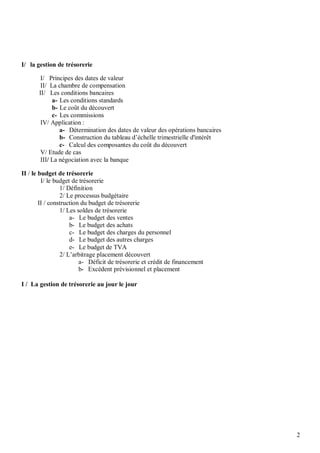 I/ la gestion de trésorerie

        I/ Principes des dates de valeur
        II/ La chambre de compensation
       II/ Les conditions bancaires
             a- Les conditions standards
             b- Le coût du découvert
             c- Les commissions
        IV/ Application :
                a- Détermination des dates de valeur des opérations bancaires
                b- Construction du tableau d’échelle trimestrielle d'intérêt
                c- Calcul des composantes du coût du découvert
        V/ Etude de cas
        III/ La négociation avec la banque

II / le budget de trésorerie
         I/ le budget de trésorerie
                 1/ Définition
                 2/ Le processus budgétaire
        II / construction du budget de trésorerie
                 1/ Les soldes de trésorerie
                     a- Le budget des ventes
                     b- Le budget des achats
                     c- Le budget des charges du personnel
                     d- Le budget des autres charges
                     e- Le budget de TVA
                 2/ L’arbitrage placement découvert
                         a- Déficit de trésorerie et crédit de financement
                         b- Excédent prévisionnel et placement

I / La gestion de trésorerie au jour le jour




                                                                                2
 