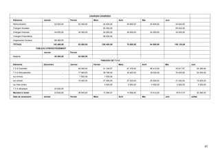 CHARGES DIVERSES
Eléments                    Janvier                Février                  Mars                     Avril               Mai                 Juin
Rémunération                           52 000,00             52 000,00                  52 000,00            54 600,00           54 600,00          54 600,00
Charges Sociales                                                                        62 400,00                                                   65 520,00
Charges Diverses                       24 000,00             30 000,00                  24 000,00            24 000,00           30 000,00          30 000,00
Charges Financières                                                                     98 000,00
Organismes Sociaux                     66 480,00
TOTAUX                                142 480,00             82 000,00                 236 400,00            78 600,00           84 600,00          150 120,00
                      TABLEAU D'INVESTISSEMENT
                            Janvier                Février
Matériel                               45 000,00             45 000,00
                                                                                      TABLEAU DE T.V.A
Eléments                    Décembre               Janvier                  Février                  Mars                Avril               Mai                 Juin
T.V.A Facturée                                               54 540,93                  51 164,27            47 378,40           48 412,00          43 817,57           44 380,40
T.V.A Récupérable:                            -              17 900,00                  38 780,00            32 420,00           29 000,00          25 000,00           24 000,00
sur immob.                                    -               7 500,00                   7 500,00
sur achats                                                   10 400,00                  27 280,00            27 420,00           25 000,00          21 000,00           19 000,00
sur frais divers                                                                         4 000,00             5 000,00            4 000,00            4 000,00             5 000,00
T.V.A décaisser                        23 620,00
Montant à verser                       23 620,00             36 640,93                  12 384,27            14 958,40           19 412,00           18 817,57          20 380,40
Date de versement           Janvier                Février                  Mars                     Avril               Mai                 Juin                Juillet




                                                                                                                                                                                 45
 