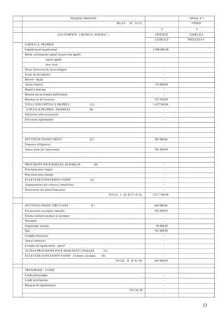 Entreprise industrielle                                                    Tableau n° 1
                                                                                 BILAN   AU 31/12/                    PASSIF

                                                                                                           0             0
                              LES COMPTES ( MODELE NORMAL )                                           DERNIER       EXERCICE
                                                                                                      EXERCICE      PRECEDENT
CAPITAUX PROPRES
Capital social ou personnel                                                                          1 000 000,00
Moins :actionnaires capital souscrit non appelé
                  capital appelé
                  dont versé..
Prime d'emission de fusion d'apport                                                                            -
Ecarts de réevaluation                                                                                         -
Réserve légale                                                                                                 -
Autres réserves                                                                                       110 000,00
Report à nouveau                                                                                               -
Résultat net en instance d'affectation                                                                         -
Résultat net de l'exercice                                                                            522 500,00
TOTAL DES CAPITAUX PROPRES                                (A)                                        1 632 500,00
CAPITAUX PROPRES ASSIMILES                               (B)                                                   -
Subventios d'investissement                                                                                    -
Provisions réglementées                                                                                        -




DETTES DE FINAN CEMENT                                    (C)                                         385 000,00
Emprunts obligataires                                                                                          -
Autres dettes de financement                                                                          385 000,00




PROVISIONS POUR RISQUES DURABLES                                (D)                                            -
Provisions pour risques                                                                                        -
Provisions pour charges                                                                                        -
ECARTS DE CONVERSION-PASSIF                               (E)                                                  -
Augmentations des créances immobilisés                                                                         -
Diminutions des dettes financières                                                                             -
                                                                             TOTAL I (A+B+C+D+E)     2 017 500,00


DETTES DU PASSIF CIRCULANT                                 (F)                                        669 000,00
Fournisseurs et comptes rattachés                                                                     456 000,00
Clients créditeurs avances et acomptes                                                                         -
Personnel                                                                                                      -
Organismes sociaux                                                                                     50 000,00
Etat                                                                                                  163 000,00
Comptes d'associés                                                                                             -
Autres créanciers                                                                                              -
Comptes de régularisation - passif                                                                             -
AUTRES PROVISIONS POUR RISQUES ET CHARGES                              (G)                                     -
ECARTS DE CONVERSIO N-PASSIF Elements circulants                      (H)                                      -
                                                                                TOTAL II (F+G +H)     669 000,00


TRESORERIE - PASSIF
Crédits d'escompte                                                                                             -
Crédit de trésorerie                                                                                           -
Banques de régularisation                                                                                      -
                                                                                         TOTAL III             -




                                                                                                                               53
 