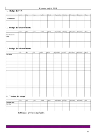 Exemple société TILL
1. Budget de TVA

                 Avril        Mai    Juin    Juillet    Août    Septembre   Octobre       Novembre   Décembre   Blian

Tva déductible




2. Budget des encaissements

                 Avril        Mai    Juin    Juillet    Août    Septembre   Octobre       Novembre   Décembre   Blian

Encaissements
bilan




3. Budget des décaissements

                 Avril        Mai   Juin    Juillet    Août    Septembre    Octobre      Novembre    Décembre   Blian
Déc. Bilan




4. Tableau des soldes

                 Avril        Mai    Juin    Juillet    Août    Septembre   Octobre      Novembre    Décembre   Blian
Début du mois
Enc-déc




                 Tableau de prévision des ventes

                         HT                                        mars          avril




                                                                                                                   55
 