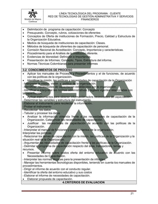 LÍNEA TECNOLÓGICA DEL PROGRAMA: CLIENTE
                       RED DE TECNOLOGIAS DE GESTIÓN ADMINISTRATIVA Y SERVICIOS
    Modelo de Mejora                        FINANCIEROS
       Continua


     Delimitación de programa de capacitación: Concepto
     Presupuesto. Concepto, rubros, cotizaciones de oferentes
     Conceptos de Oferta de instituciones de Formación, Precio, Calidad y Estructura de
      la Organización Educativa.
     Medios de búsqueda de instituciones de capacitación: Clases.
     Métodos de búsqueda de oferentes de capacitación de personal.
     Comisión Nacional de Acreditación: Concepto, Importancia y características.
     Procedimiento para el Análisis de la Institución oferente.
     Evidencias de Idoneidad: Definición e Importancia.
     Presentación de Informes: Concepto, Tipos, Estructura del informe.
     Normas Técnicas Colombianas para presentar informes

3.2 CONOCIMIENTOS DE PROCESO
 Aplicar los manuales de Procesos y Procedimientos y el de funciones, de acuerdo
     con las políticas de la organización.
 Identificar la misión, las políticas y necesidades de capacitación de la Organización
- Interpretar la misión, visión y política de la organización.
- Identificar necesidades de capacitación establecidas por la organización.
- Identificar e interpretar las normas administrativas y legales vigentes relacionadas con
la capacitación.
 Aplicar instrumentos para obtener información sobre necesidades de capacitación.
- Determinar las variables y estructura del instrumento.
- Elaborar el instrumento para recolectar la información.
- Probar el instrumento
- Recolectar los datos
- Tabular y procesar los datos
 Analizar la información obtenida frente a las necesidades de capacitación de la
     Organización. Categorizar las necesidades de capacitación.
 Justificar las necesidades de capacitación de acuerdo con las políticas de la
     Organización.
- Interpretar el manual de funciones y procedimientos de la organización.
Interpretar las políticas
- Relacionar los temas de capacitación con la misión, las políticas de la Organización y la
situación real de la Organización.
- Argumentar las necesidades de capacitación frente a las políticas de la Organización.
- Delimitar el programa de capacitación respecto del área, trabajadores, temas y
recursos.
 Presentar informe sobre costos oferta del entorno educativo de acuerdo con las
     Necesidades de Capacitación.
- Interpretar las normas técnicas para la presentación de informes.
- Manejar las herramientas tecnológicas disponibles, teniendo en cuenta los manuales de
procedimientos.
- Dirigir el informe de acuerdo con el conducto regular.
- Identificar la oferta del entorno educativo y sus costos
- Elaborar el informe de necesidades de capacitación.
 Elaborar propuesta de capacitación.
                                   4.CRITERIOS DE EVALUACION


                                                                                       21
 