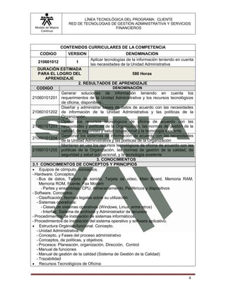 LÍNEA TECNOLÓGICA DEL PROGRAMA: CLIENTE
                       RED DE TECNOLOGIAS DE GESTIÓN ADMINISTRATIVA Y SERVICIOS
 Modelo de Mejora                           FINANCIEROS
    Continua




                    CONTENIDOS CURRICULARES DE LA COMPETENCIA
    CODIGO             VERSION                       DENOMINACION
                                 Aplicar tecnologías de la información teniendo en cuenta
   210601012              1
                                 las necesidades de la Unidad Administrativa
    DURACIÓN ESTIMADA
    PARA EL LOGRO DEL                                       580 Horas
          APRENDIZAJE
                             2. RESULTADOS DE APRENDIZAJE
   CODIGO                                      DENOMINACIÓN
                   Generar soluciones de información teniendo en cuenta los
21060101201 requerimientos de la Unidad Administrativa y los recursos tecnológicos
                   de oficina, disponibles..
                   Diseñar y administrar bases de datos de acuerdo con las necesidades
21060101202 de información de la Unidad Administrativa y las políticas de la
                   Organización.
                   Operar los recursos tecnológicos de oficina de acuerdo con las
21060101203 necesidades y políticas de la Organización, las normas de gestión de la
                   calidad, de seguridad y salud ocupacional y la tecnología existente.
                   Gestionar los sistemas de información de acuerdo con las necesidades
21060101204
                   de la Unidad Administrativa y las políticas de la Organización
                   Mantener en uso los recursos tecnológicos de oficina de acuerdo con las
21060101205 políticas de la Organización, las normas de gestión de la calidad, de
                   seguridad y salud ocupacional, y la tecnología existente
                                       3. CONOCIMIENTOS
3.1 CONOCIMIENTOS DE CONCEPTOS Y PRINCIPIOS
 Equipos de cómputo, conceptos.
- Hardware. Conceptos.
   - Bus de datos, Tarjeta de sonido, Tarjeta de video, Main Board, Memoria RAM,
     Memoria ROM, Fuente, Fax Modem
      - Partes y ensamblaje: CPU, Almacenamiento, Periféricos y dispositivos
- Software. Conceptos.
   - Clasificación, Normas legales sobre su utilización
   - Sistemas operativos:
      - Clases de sistemas operativos (Windows, Linux, entre otros)
      - Interfaz, Sistema de archivos y Administrador de recursos
- Procedimientos de instalación de sistemas informáticos.
- Procedimientos de instalación del sistema operativo y software aplicativo.
 Estructura Orgánico-funcional. Concepto.
   - Unidad Administrativa.
   - Concepto, y Fases del proceso administrativo
   - Conceptos, de políticas, y objetivos.
   - Procesos: Planeación, organización, Dirección, Control
   - Manual de funciones
   - Manual de gestión de la calidad (Sistema de Gestión de la Calidad)
   - Trazabilidad
 Recursos Tecnológicos de Oficina:


                                                                                       4
 