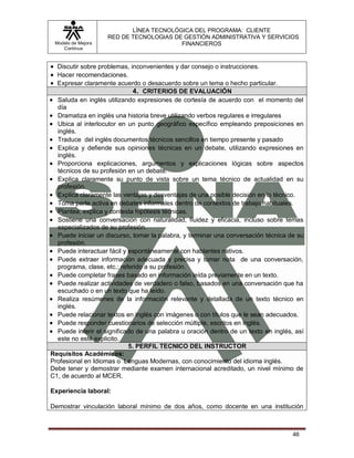 LÍNEA TECNOLÓGICA DEL PROGRAMA: CLIENTE
                    RED DE TECNOLOGIAS DE GESTIÓN ADMINISTRATIVA Y SERVICIOS
 Modelo de Mejora                        FINANCIEROS
    Continua



 Discutir sobre problemas, inconvenientes y dar consejo o instrucciones.
 Hacer recomendaciones.
 Expresar claramente acuerdo o desacuerdo sobre un tema o hecho particular.
                             4. CRITERIOS DE EVALUACIÓN
 Saluda en inglés utilizando expresiones de cortesía de acuerdo con el momento del
  día
 Dramatiza en inglés una historia breve utilizando verbos regulares e irregulares
 Ubica al interlocutor en un punto geográfico específico empleando preposiciones en
  inglés.
 Traduce del inglés documentos técnicos sencillos en tiempo presente y pasado
 Explica y defiende sus opiniones técnicas en un debate, utilizando expresiones en
  inglés.
 Proporciona explicaciones, argumentos y explicaciones lógicas sobre aspectos
  técnicos de su profesión en un debate.
 Explica claramente su punto de vista sobre un tema técnico de actualidad en su
  profesión.
 Explica claramente las ventajas y desventajas de una posible decisión en lo técnico.
 Toma parte activa en debates informales dentro de contextos de trabajo habituales.
 Plantea, explica y contesta hipótesis técnicas.
 Sostiene una conversación con naturalidad, fluidez y eficacia, incluso sobre temas
  especializados de su profesión.
 Puede iniciar un discurso, tomar la palabra, y terminar una conversación técnica de su
  profesión.
 Puede interactuar fácil y espontáneamente con hablantes nativos.
 Puede extraer información adecuada y precisa y tomar nota de una conversación,
  programa, clase, etc.; referido a su profesión.
 Puede completar frases basado en información leída previamente en un texto.
 Puede realizar actividades de verdadero o falso, basados en una conversación que ha
  escuchado o en un texto que ha leído.
 Realiza resúmenes de la información relevante y detallada de un texto técnico en
  inglés.
 Puede relacionar textos en inglés con imágenes o con títulos que le sean adecuados.
 Puede responder cuestionarios de selección múltiple, escritos en inglés.
 Puede inferir el significado de una palabra u oración dentro de un texto en inglés, así
  este no esté explicito.
                            5. PERFIL TECNICO DEL INSTRUCTOR
Requisitos Académicos:
Profesional en Idiomas o Lenguas Modernas, con conocimiento del idioma inglés.
Debe tener y demostrar mediante examen internacional acreditado, un nivel mínimo de
C1, de acuerdo al MCER.

Experiencia laboral:

Demostrar vinculación laboral mínimo de dos años, como docente en una institución



                                                                                     46
 