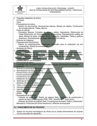 LÍNEA TECNOLÓGICA DEL PROGRAMA: CLIENTE
                       RED DE TECNOLOGIAS DE GESTIÓN ADMINISTRATIVA Y SERVICIOS
    Modelo de Mejora                        FINANCIEROS
       Continua


      Paquetes integrados de oficina
     - Concepto
     - Tipos
     - Procesadores de textos:
        - Edición de documentos, Herramientas básicas, Manejo de objetos, Combinación
           de correspondencia, Tablas, Macros
     - Hojas de cálculo:
        - Conceptos Básicos: Formatos de datos y celdas, Operadores, Referencias de
           Celda Elaboración de Fórmulas Manejo de funciones, Representación gráfica de
           datos, Manejo de datos, Ordenar, Filtros, Validación, Subtotales, Tablas y gráficos
           dinámicos, Automatización de tareas (Macros), Formularios.
     - Editores de imágenes
     - Presentaciones electrónicas:
        - Diseño de presentaciones, Elementos multimedia para la realización de una
           presentación, Diseño de animaciones.
     - Asistente de Oficina
      Bases de Datos
     - Fundamentación en las TICs (Tecnologías de la Información y las Comunicaciones)
     - Concepto de bases de datos, Fundamentos de Bases de Datos, Modelo entidad-
       relación, Diseño de base de datos, Trazabilidad, Creación de base de datos.
     - Tablas: Relaciones entre tablas
     - Diseño y edición de formularios
     - Introducción de datos
     - Consultas: SQL (simplified Query Language/Lenguaje estructurado de consultas).
     - Informes
     - Rutinas de automatización de la base de datos.
      Normalización de bases de datos.
     - Primera forma normal, Segunda forma normal y Tercera forma normal
     - Forma normal de Boyce Codd.
     - Cuarta forma normal
     - Integración de las bases de datos con la Web.
      Sistemas de información
     - Gestores de bases de datos.
      Tipos y usos de los sistemas de información.
      Interoperabilidad. Concepto.
      Internet, Intranet
     - Desarrollo histórico del Internet.
     - WWW
     - Navegadores de Internet
        - Creación de sitios Web; Diseño de páginas Web, Lenguajes de construcción y
           diseño de sitios Web (lenguaje HTML, PHP, JAVASCRIPT, entre otros).
        - Software de diseño de páginas Web, Fundamentos de diseño Gráfico y Multimedia
     - Mensajería, Protocolos de correo electrónico y Motores de búsqueda.

3.2 CONOCIMIENTOS DE PROCESO

     Operar los recursos tecnológicos de oficina de la unidad administrativa de acuerdo
      con los manuales de operación.


                                                                                           6
 