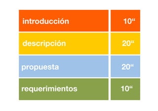 requerimientos 10“
propuesta 20“	
  
descripción 20“	
  	
  
introducción 10“
 