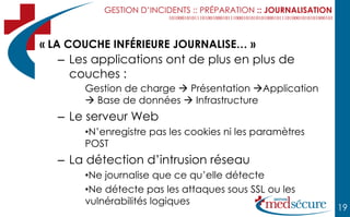 GESTION D’INCIDENTS :: PRÉPARATION :: JOURNALISATION



« LA COUCHE INFÉRIEURE JOURNALISE… »
   – Les applications ont de plus en plus de
     couches :
       Gestion de charge  Présentation Application
        Base de données  Infrastructure
   – Le serveur Web
       •N’enregistre pas les cookies ni les paramètres
       POST
   – La détection d’intrusion réseau
       •Ne journalise que ce qu’elle détecte
       •Ne détecte pas les attaques sous SSL ou les
       vulnérabilités logiques
                                                                  19
 