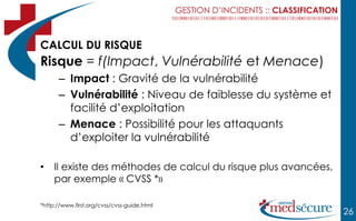 GESTION D’INCIDENTS :: CLASSIFICATION



CALCUL DU RISQUE
Risque = f(Impact, Vulnérabilité et Menace)
      – Impact : Gravité de la vulnérabilité
      – Vulnérabilité : Niveau de faiblesse du système et
        facilité d’exploitation
      – Menace : Possibilité pour les attaquants
        d’exploiter la vulnérabilité

•    Il existe des méthodes de calcul du risque plus avancées,
     par exemple « CVSS *»

*http://www.first.org/cvss/cvss-guide.html
                                                                                     26
 
