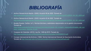BIBLIOGRAFÍA
• Archivo General de la Nación. (2000). Acuerdo 48 de 2000. Tomado de
http://www.archivogeneral.gov.co/sites/all/themes/nevia/PDF/Transparencia/ACUERDO_48_DE_2000.pdf
• Archivo General de la Nación. (2002). Acuerdo 42 de 2002. Tomado de
http://www.archivogeneral.gov.co/sites/all/themes/nevia/PDF/Transparencia/ACUERDO_42_DE_2002.pdf
• Bustelo Ruesta, Carlota. (s.f.). Normas técnicas y estándares relacionados con la gestión documental.
Tomado de
https://www.exabyteinformatica.com/uoc/Informatica/Analisis_del_contexto_organizativo/Analisis_del_con
texto_organizativo_(Modulo_4).pdf.
• Congreso de Colombia. (2010). Ley No. 1409 de 2010. Tomado de:
http://wsp.presidencia.gov.co/Normativa/Leyes/Documents/ley140930082010.pdf.
• Consejo Internacional de Archivos. (1999). Norma Internacional General de Descripción Archivística.
Tomado de http://www.agn.gob.mx/menuprincipal/archivistica/normas/pdf/isad.pdfz
 