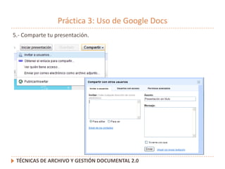 Práctica 1: Uso de Google Docs<br />8.- Podemos visualizar el cuestionario haciendo clic en al dirección web que aparece e...