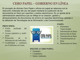 El concepto de oficinas Cero Papel u oficina sin papel se relaciona con la
reducción ordenada del uso del papel mediante la sustitución de los
documentos en físico por soportes y medios electrónicos. Es un aporte de la
administración electrónica que se refleja en la creación, gestión y
almacenamiento de documentos de archivo en soportes electrónicos, gracias a
la utilización de Tecnologías de la Información y las Comunicaciones.
PRINCIPIOS:
 Visión unificada del
Estado.
 Acceso equitativo y multi-
canal.
 Protección de la
información del individuo.
 Credibilidad y confianza
en el Gobierno en Línea.
FASES:
1. Elementos
Transversales
2. Información en línea
3. Interacción en línea
4. Transacción en línea
5. Transformación en
línea
6. Democracia en línea
POLITICA CERO PAPEL:
 Entidades
 Ciudadanos
 Medio Ambiente
 