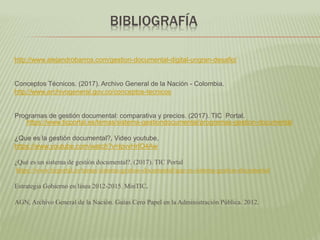BIBLIOGRAFÍA
http://www.alejandrobarros.com/gestion-documental-digital-ungran-desafio/
Conceptos Técnicos. (2017). Archivo General de la Nación - Colombia.
http://www.archivogeneral.gov.co/conceptos-tecnicos
Programas de gestión documental: comparativa y precios. (2017). TIC Portal.
https://www.ticportal.es/temas/sistema-gestiondocumental/programas-gestion-documental
¿Que es la gestión documental?, Video youtube,
https://www.youtube.com/watch?v=IpvvHrIO4Aw
¿Qué es un sistema de gestión documental?. (2017). TIC Portal
https://www.ticportal.es/temas/sistema-gestion-documental/que-es-sistema-gestion-documental
Estrategia Gobierno en línea 2012-2015. MinTIC.
AGN, Archivo General de la Nación. Guías Cero Papel en la Administración Pública. 2012.
 