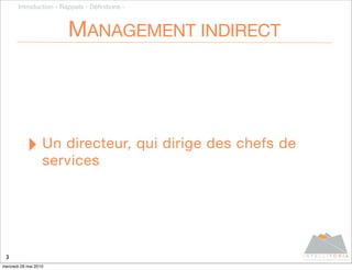 Introduction - Rappels - Déﬁnitions -



                        MANAGEMENT INDIRECT




           ‣ Un directeur, qui dirige des chefs de
                   services




 3
mercredi 26 mai 2010
 