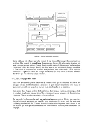 56
Figure 44 – Analyse descendante, niveau A-1
Cette méthode est efficace car elle permet de ne rien oublier malgré la complexité du
système. Elle garantit la complétude du cahier des charges. De plus, cette structure m'a
aidé à ne pas faire de redites. Chaque fonctionnalité était spécifiée dans un seul et unique
chapitre du cahier des charges. Encore une fois, pour ne pas inutilement allonger les délais,
il faut éviter de descendre de manière trop profonde dans cette étude. Enfin, dernière
remarque : Le plan du cahier des charges fonctionnel est basé sur les différents blocs de
fonctions que l'on retrouve sur ces schémas.
IV.3.2.2 Le langage et les outils
Les deux précédentes parties abordent le contenu ainsi que la structure du cahier des
charges. Un seul point reste encore à éclaircir : de quel manière ce contenu est-il rédigé et
quels sont les outils sur lesquels je me suis basé dans le cadre de sa rédaction.
Sans entrer dans l'aspect abstrait de la définition d'un langage (syntaxe, sémantique, etc.),
je voudrais simplement signaler ici qu'il y a plusieurs types de langages à la disposition du
rédacteur. Chacun ayant ses avantages et inconvénients.
Par exemple, les langages formels ou mathématiques permettent d'éviter les mauvaises
interprétations et permettent de spécifier plus simplement les tests, mais ils sont aussi
beaucoup plus lourds à lire. D'autant plus que le cahier des charges est un document lu par
des acteurs qui n'ont pas nécessairement les connaissances requises pour comprendre ces
langages.
 