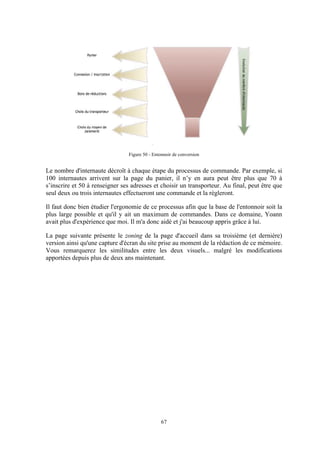 67
Figure 50 - Entonnoir de conversion
Le nombre d'internaute décroît à chaque étape du processus de commande. Par exemple, si
100 internautes arrivent sur la page du panier, il n’y en aura peut être plus que 70 à
s’inscrire et 50 à renseigner ses adresses et choisir un transporteur. Au final, peut être que
seul deux ou trois internautes effectueront une commande et la règleront.
Il faut donc bien étudier l'ergonomie de ce processus afin que la base de l'entonnoir soit la
plus large possible et qu'il y ait un maximum de commandes. Dans ce domaine, Yoann
avait plus d'expérience que moi. Il m'a donc aidé et j'ai beaucoup appris grâce à lui.
La page suivante présente le zoning de la page d'accueil dans sa troisième (et dernière)
version ainsi qu'une capture d'écran du site prise au moment de la rédaction de ce mémoire.
Vous remarquerez les similitudes entre les deux visuels... malgré les modifications
apportées depuis plus de deux ans maintenant.
 