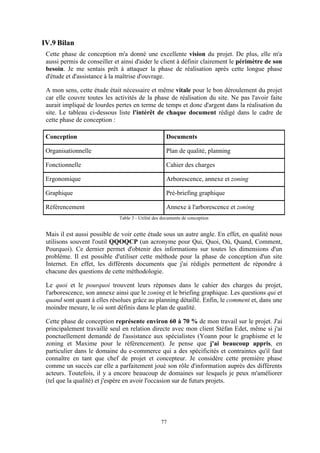 77
IV.9 Bilan
Cette phase de conception m'a donné une excellente vision du projet. De plus, elle m'a
aussi permis de conseiller et ainsi d'aider le client à définir clairement le périmètre de son
besoin. Je me sentais prêt à attaquer la phase de réalisation après cette longue phase
d'étude et d'assistance à la maîtrise d'ouvrage.
A mon sens, cette étude était nécessaire et même vitale pour le bon déroulement du projet
car elle couvre toutes les activités de la phase de réalisation du site. Ne pas l'avoir faite
aurait impliqué de lourdes pertes en terme de temps et donc d'argent dans la réalisation du
site. Le tableau ci-dessous liste l'intérêt de chaque document rédigé dans le cadre de
cette phase de conception :
Conception Documents
Organisationnelle Plan de qualité, planning
Fonctionnelle Cahier des charges
Ergonomique Arborescence, annexe et zoning
Graphique Pré-briefing graphique
Référencement Annexe à l'arborescence et zoning
Table 3 - Utilité des documents de conception
Mais il est aussi possible de voir cette étude sous un autre angle. En effet, en qualité nous
utilisons souvent l'outil QQOQCP (un acronyme pour Qui, Quoi, Où, Quand, Comment,
Pourquoi). Ce dernier permet d'obtenir des informations sur toutes les dimensions d'un
problème. Il est possible d'utiliser cette méthode pour la phase de conception d'un site
Internet. En effet, les différents documents que j'ai rédigés permettent de répondre à
chacune des questions de cette méthodologie.
Le quoi et le pourquoi trouvent leurs réponses dans le cahier des charges du projet,
l'arborescence, son annexe ainsi que le zoning et le briefing graphique. Les questions qui et
quand sont quant à elles résolues grâce au planning détaillé. Enfin, le comment et, dans une
moindre mesure, le où sont définis dans le plan de qualité.
Cette phase de conception représente environ 60 à 70 % de mon travail sur le projet. J'ai
principalement travaillé seul en relation directe avec mon client Stéfan Edet, même si j'ai
ponctuellement demandé de l'assistance aux spécialistes (Yoann pour le graphisme et le
zoning et Maxime pour le référencement). Je pense que j'ai beaucoup appris, en
particulier dans le domaine du e-commerce qui a des spécificités et contraintes qu'il faut
connaître en tant que chef de projet et concepteur. Je considère cette première phase
comme un succès car elle a parfaitement joué son rôle d'information auprès des différents
acteurs. Toutefois, il y a encore beaucoup de domaines sur lesquels je peux m'améliorer
(tel que la qualité) et j'espère en avoir l'occasion sur de futurs projets.
 