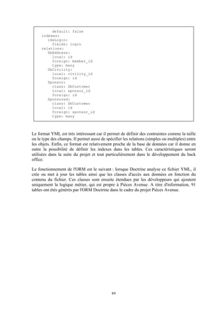 89
default: false
indexes:
idxLogin:
fields: login
relations:
DbAddress:
local: id
foreign: member_id
type: many
DbCivility:
local: civility_id
foreign: id
Sponsor:
class: DbCustomer
local: sponsor_id
foreign: id
Sponsored:
class: DbCustomer
local: id
foreign: sponsor_id
type: many
Le format YML est très intéressant car il permet de définir des contraintes comme la taille
ou le type des champs. Il permet aussi de spécifier les relations (simples ou multiples) entre
les objets. Enfin, ce format est relativement proche de la base de données car il donne en
outre la possibilité de définir les indexes dans les tables. Ces caractéristiques seront
utilisées dans la suite du projet et tout particulièrement dans le développement du back
office.
Le fonctionnement de l'ORM est le suivant : lorsque Doctrine analyse ce fichier YML, il
crée ou met à jour les tables ainsi que les classes d'accès aux données en fonction du
contenu du fichier. Ces classes sont ensuite étendues par les développeurs qui ajoutent
uniquement la logique métier, qui est propre à Pièces Avenue. A titre d'information, 91
tables ont étés générés par l'ORM Doctrine dans le cadre du projet Pièces Avenue.
 