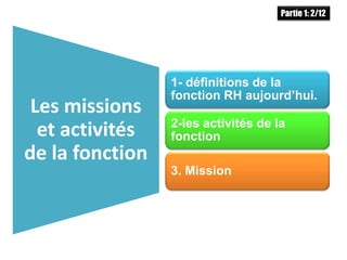 Les missions
et activités
de la fonction
1- définitions de la
fonction RH aujourd’hui.
2-les activités de la
fonction
3. Mission
Partie 1: 2/12
 