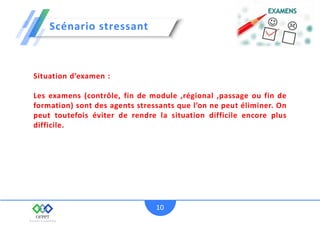 Scénario stressant
10
Situation d’examen :
Les examens (contrôle, fin de module ,régional ,passage ou fin de
formation) sont des agents stressants que l’on ne peut éliminer. On
peut toutefois éviter de rendre la situation difficile encore plus
difficile.
 