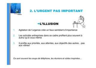 2.
                 2 L’URGENT PAS IMPORTANT



                            L’ILLUSION
1.   Agitation de l’urgence crée un faux semblant d’importance

2.   Les activités entreprises dans ce cadre profitent plus souvent à
     autrui qu’à vous même

3.   Il profite aux priorités, aux attentes, aux objectifs des autres…pas
     aux vôtres!




Ce sont souvent les coups de téléphone, les réunions et visites inopinées…
 