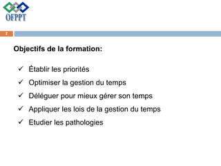 Objectifs de la formation:
 Établir les priorités
 Optimiser la gestion du temps
 Déléguer pour mieux gérer son temps
 Appliquer les lois de la gestion du temps
 Etudier les pathologies
2
 