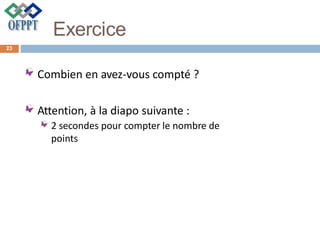 Exercice
Combien en avez-vous compté ?
Attention, à la diapo suivante :
2 secondes pour compter le nombre de
points
23
 