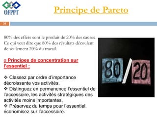Principe de Pareto
80% des effets sont le produit de 20% des causes.
Ce qui veut dire que 80% des résultats découlent
de seulement 20% du travail.
o Principes de concentration sur
l’essentiel :
 Classez par ordre d’importance
décroissante vos activités,
 Distinguez en permanence l’essentiel de
l’accessoire, les activités stratégiques des
activités moins importantes,
 Préservez du temps pour l’essentiel,
économisez sur l’accessoire.
38
 