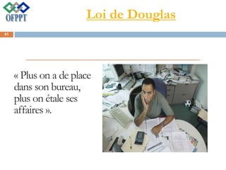Loi de Douglas
« Plus on a de place
dans son bureau,
plus on étale ses
affaires ».
41
 