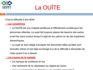 La OUÏTE
C'est la difficulté à dire NON
Les symptômes
• La OUÏTE est une maladie périlleuse et difficilement curable pour les
personnes atteintes .Le sujet fait toujours passer les besoins des autres
avant les siens surtout lorsqu’il s’agit de son patron ou de ses supérieurs
hiérarchiques.
• Le sujet se sent obligé d’accepter les demandes telles qu’elles sont
formulés même s’il est déjà surchargé et a de la difficulté à demander de
l’aide quand il en a besoin.
Les causes de la maladie
• Un manque de confiance en soi,
• Une recherche de la valorisation au regard de l’autre,
47
 