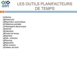 LES OUTILS PLANIFACTEURS
DE TEMPS
 Montre
Echéancier
Répondeur automatique
Téléphone portable
 Messagerie électronique
Internet
Calendrier
Emploi de temps
Agendas
Aide –mémoire
Planning
Répertoire
Plan d’action
Tableau de bord
50
 