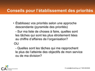 Conseils pour l’établissement des priorités
• Établissez vos priorités selon une approche
descendante (pyramide des priorités)
- Sur ma liste de choses à faire, quelles sont
les tâches qui sont les plus étroitement liées
au chiffre d’affaires de l’organisation?
OU
- Quelles sont les tâches qui me rapprochent
le plus de l’atteinte des objectifs de mon service
ou de ma division?
E crystal@c2coaching.ca | T 905.509.6026
 