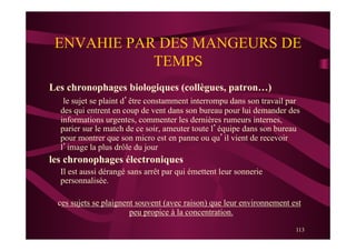 113
ENVAHIE PAR DES MANGEURS DE
TEMPS
Les chronophages biologiques (collègues, patron…)
le sujet se plaint d’être constamment interrompu dans son travail par
des qui entrent en coup de vent dans son bureau pour lui demander des
informations urgentes, commenter les dernières rumeurs internes,
parier sur le match de ce soir, ameuter toute l’équipe dans son bureau
pour montrer que son micro est en panne ou qu’il vient de recevoir
l’image la plus drôle du jour
les chronophages électroniques
Il est aussi dérangé sans arrêt par qui émettent leur sonnerie
personnalisée.
ces sujets se plaignent souvent (avec raison) que leur environnement est
peu propice à la concentration.
 