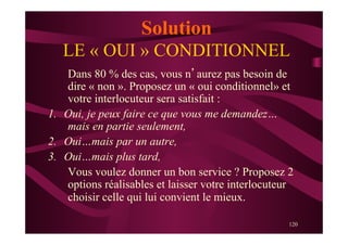 120
Solution
LE « OUI » CONDITIONNEL
Dans 80 % des cas, vous n’aurez pas besoin de
dire « non ». Proposez un « oui conditionnel» et
votre interlocuteur sera satisfait :
1.  Oui, je peux faire ce que vous me demandez…
mais en partie seulement,
2.  Oui…mais par un autre,
3.  Oui…mais plus tard,
Vous voulez donner un bon service ? Proposez 2
options réalisables et laisser votre interlocuteur
choisir celle qui lui convient le mieux.
 