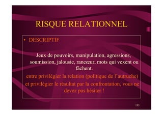133
RISQUE RELATIONNEL
•  DESCRIPTIF
Jeux de pouvoirs, manipulation, agressions,
soumission, jalousie, rancœur, mots qui vexent ou
fâchent.
entre privilégier la relation (politique de l’autruche)
et privilégier le résultat par la confrontation, vous ne
devez pas hésiter !
 