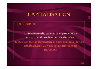 135
CAPITALISATION
•  DESCRIPTIF
Enseignements, processus et procédures
enrichissent nos banques de données.
toutes vos taches déstructurées ainsi que celle de vos
collaborateurs doivent apparaître dans un
processus
 