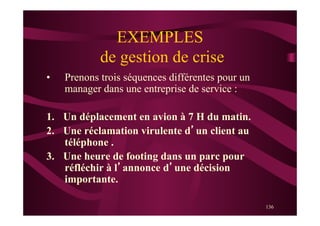 136
EXEMPLES
de gestion de crise
•  Prenons trois séquences différentes pour un
manager dans une entreprise de service :
1.  Un déplacement en avion à 7 H du matin.
2.  Une réclamation virulente d’un client au
téléphone .
3.  Une heure de footing dans un parc pour
réfléchir à l’annonce d’une décision
importante.
 