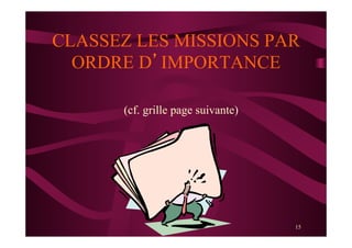 15
CLASSEZ LES MISSIONS PAR
ORDRE D’IMPORTANCE
(cf. grille page suivante)
 
